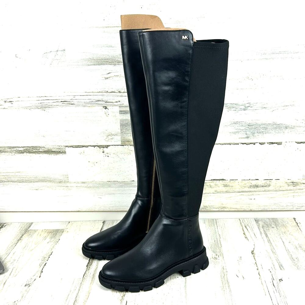 Michael Kors Womens 5 Black Ridley Leather Combat Knee High Boots NEW